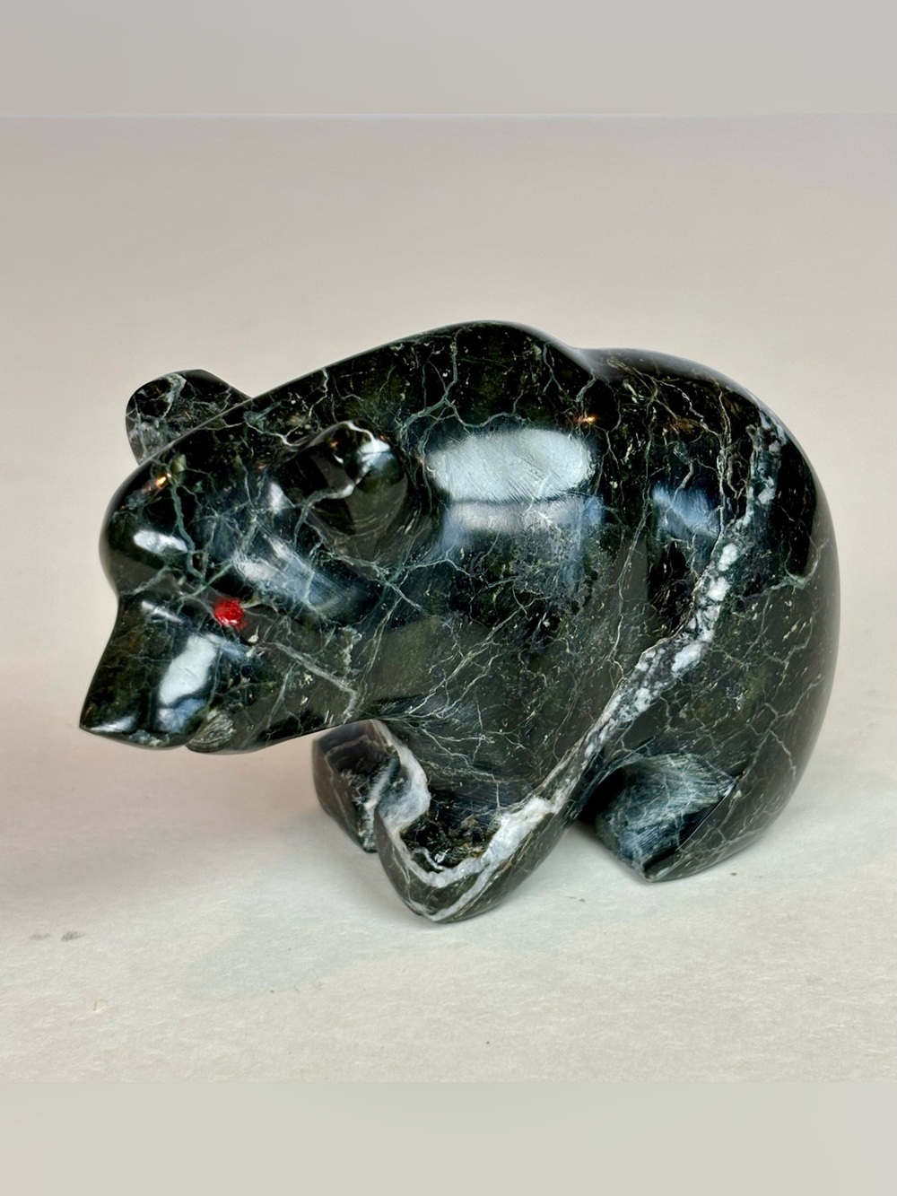 Hand Carved Black Marble Bear Figurine White Veining Stone Sculpture